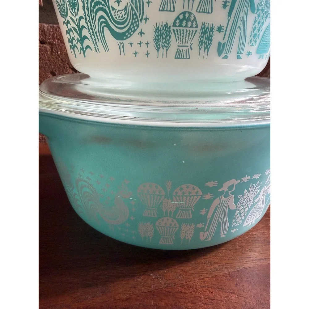 Vintage Pyrex Amish Butterprint Casserole Dishes Set, Turquoise Milk Glass